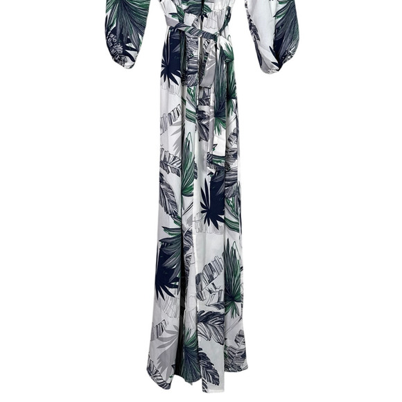 NEW Boho Tropical Palm Print Off Shoulder Maxi Dress 3/4 Sleeve TieWaist S White - Picture 4 of 15